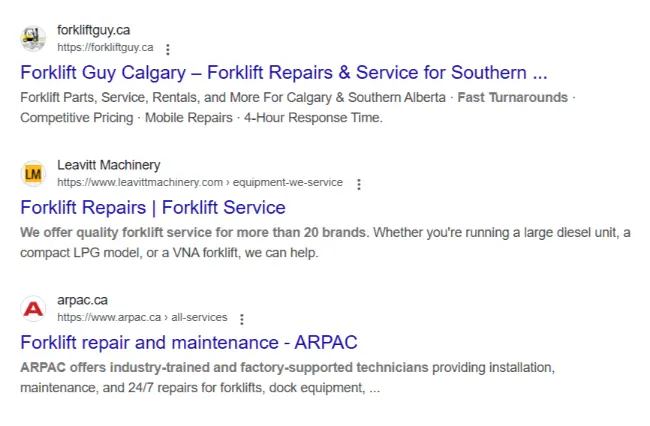 SEO service Calgary ranks various forklift repair companies in search results