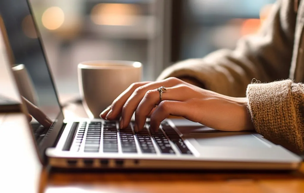 Person researching seo pricing calgary while typing on a laptop with a coffee cup nearby